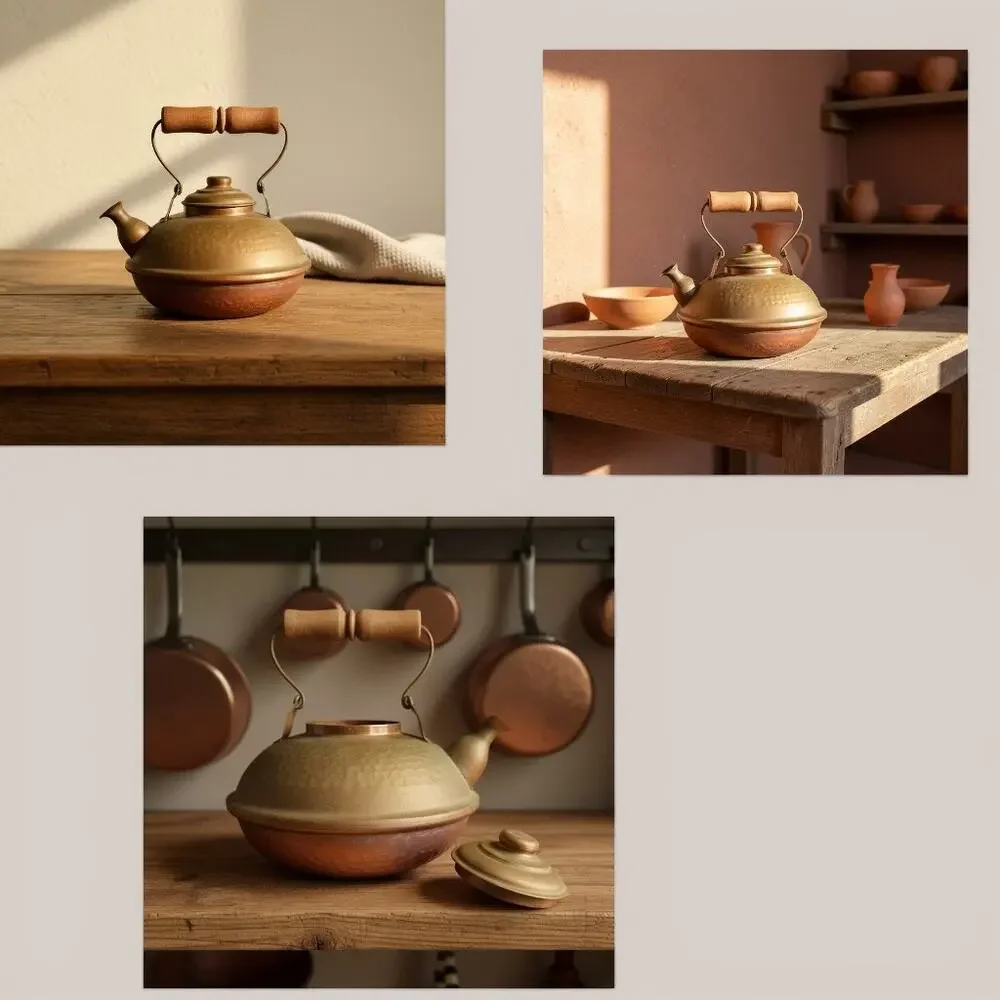 Vintage Hammered Copper Brass Kettle Teapot-Chile-Wood Handle-Rustic-Farmhouse